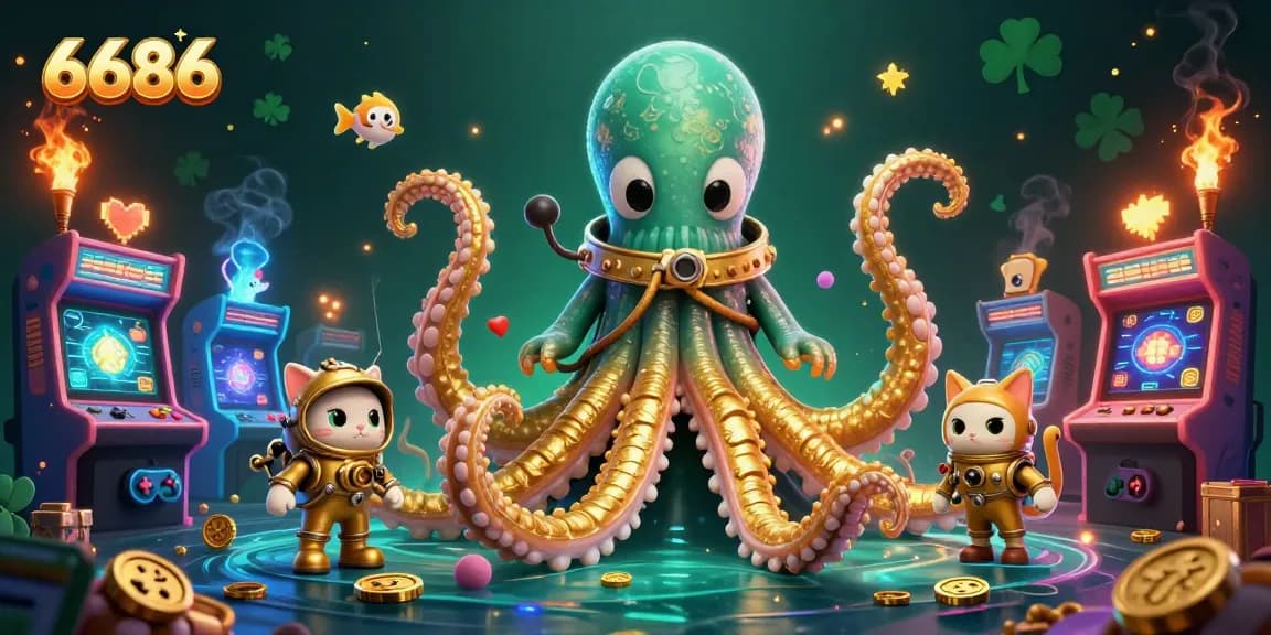 Engage in thrilling casino adventures with 6686, featuring a kraken and colorful game machines.