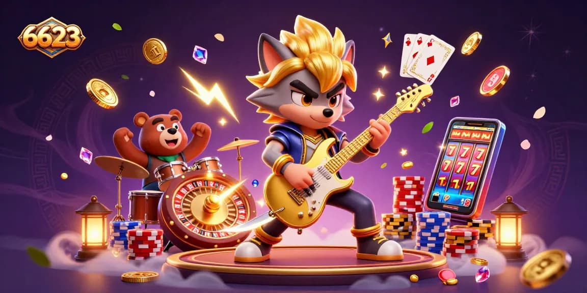 Exciting 6623 casino scene showcasing a wolf rock star playing guitar amidst dazzling game elements.