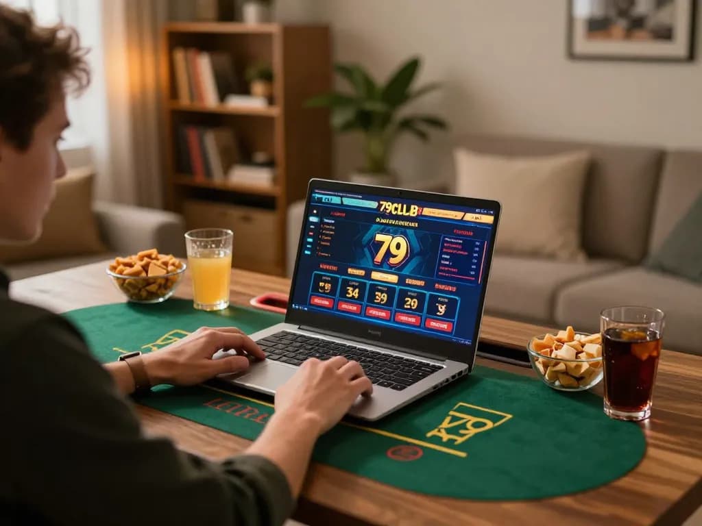 Player enjoying online casino games at 79club on a cozy laptop setup.