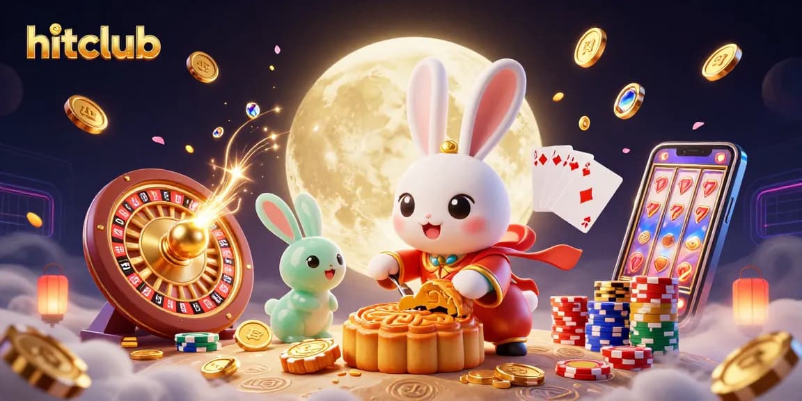 Engage with hitclub as playful moon rabbits reveal poker chips amidst golden coins and a vibrant casino atmosphere.
