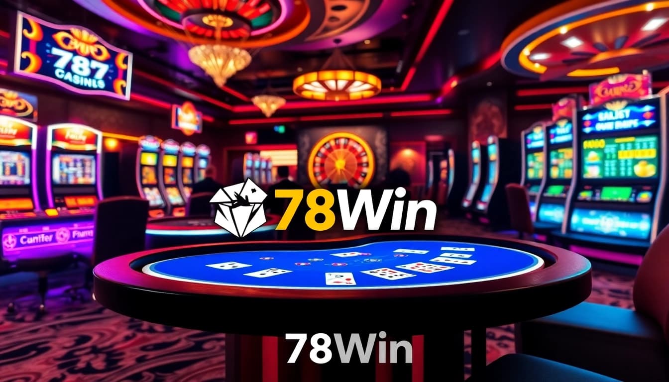 Excited gamblers playing poker at 78Win's online casino table with vibrant chips and cards.