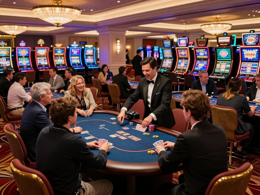 The vibrant atmosphere of 79club com showcases players enjoying poker at luxurious casino tables, emphasizing strategic gaming.