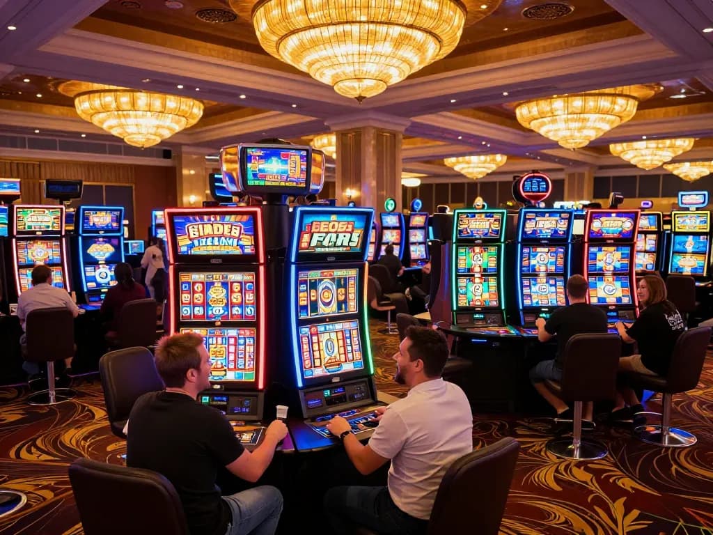 Players enjoying vibrant a23win slots at a luxurious casino, capturing the excitement of gameplay.