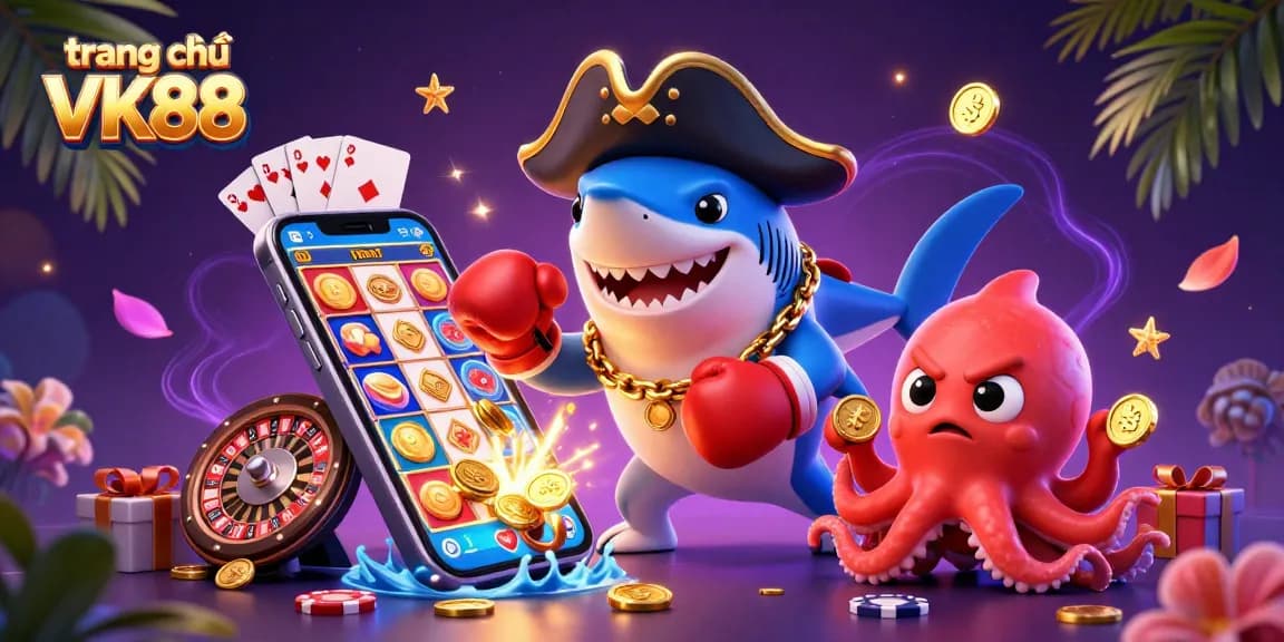 Engage in thrilling gaming experience at trang chủ VK88 with exciting characters and vibrant casino elements.