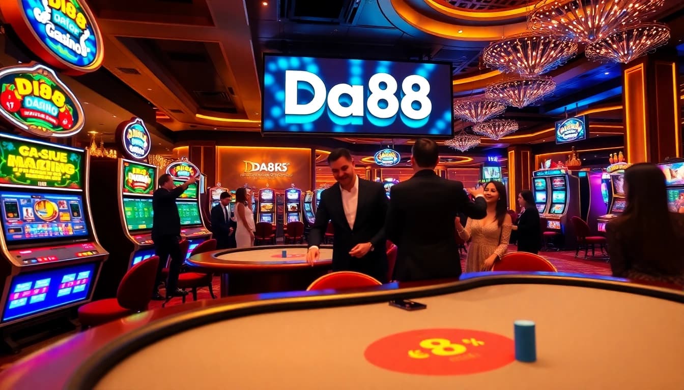 A thrilling casino experience at Da88 with vibrant slot machines and eager players winning big.