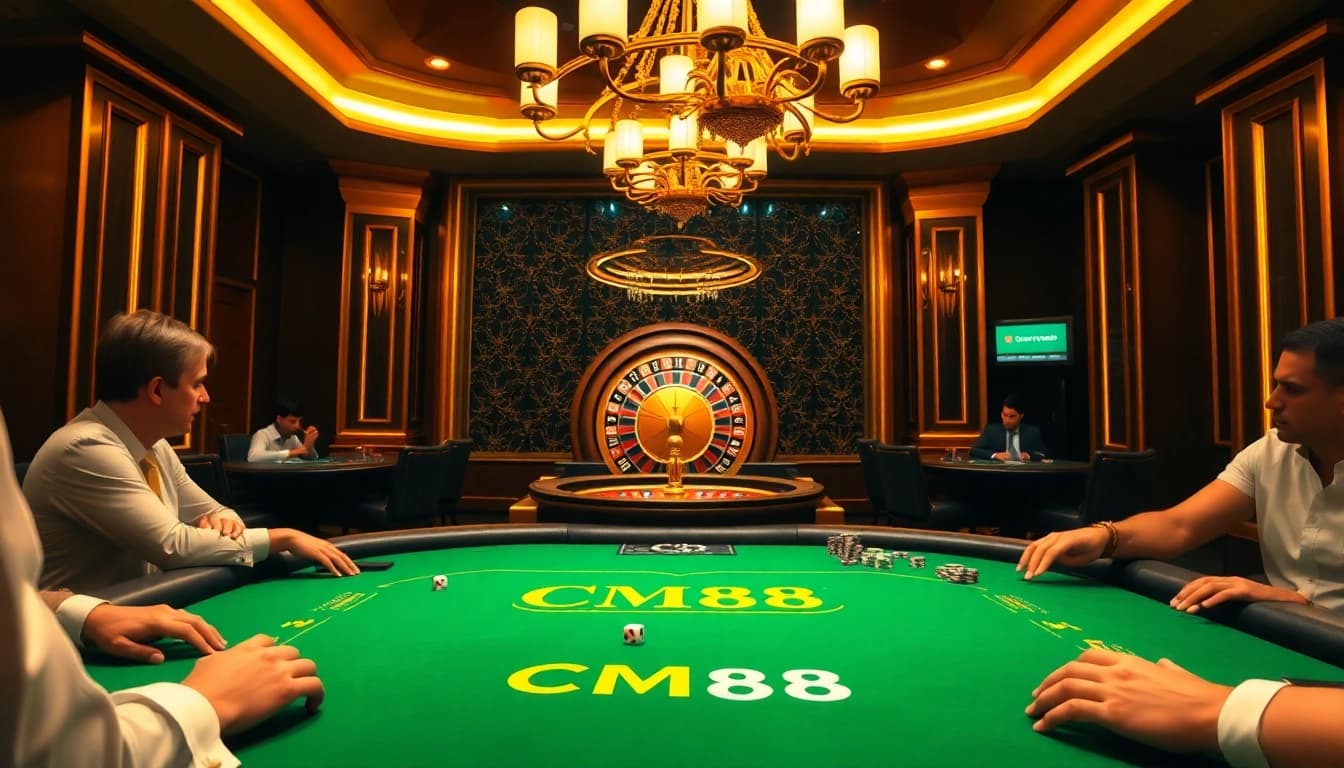 CM88 poker game scene showcasing strategic players in a luxurious casino.