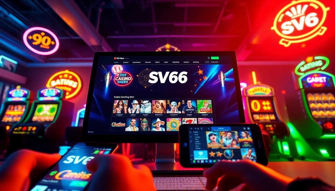 Vibrant online gaming scene featuring SV 66's homepage and game icons.