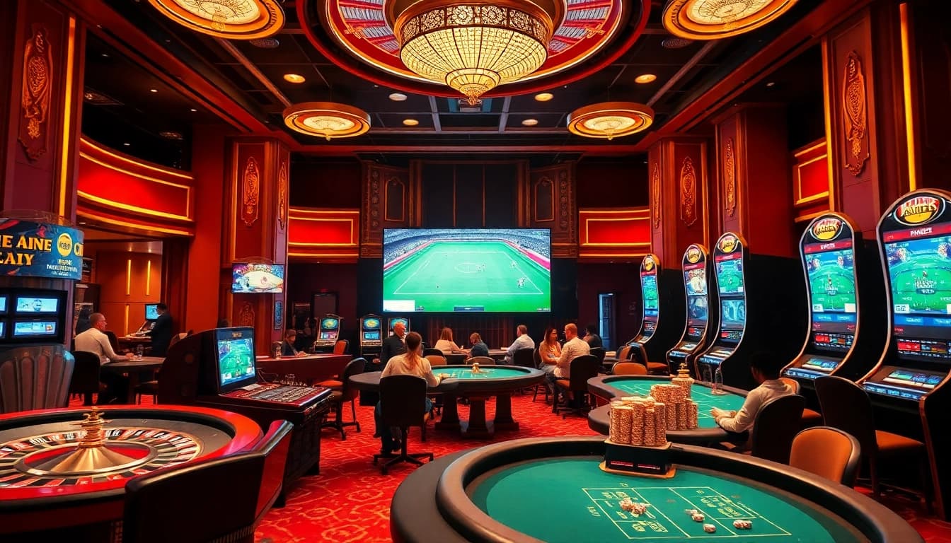 Experience 'trực tiếp bóng đá' with vibrant casino visuals, featuring interactive gambling elements and luxury.