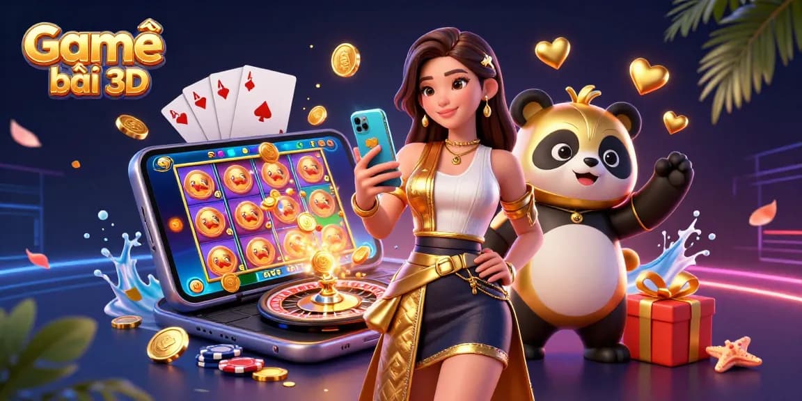 Engaging scene of Game bài 3D with a woman and a panda mascot, highlighting casino games and vibrant colors.