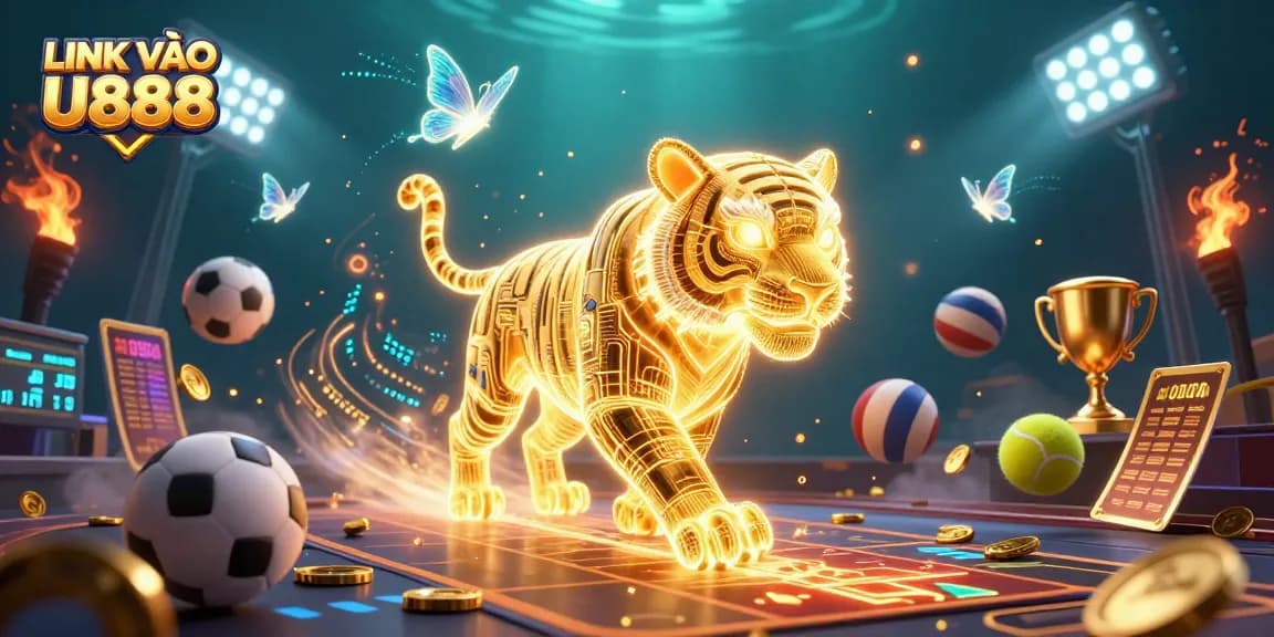Engage with LINK VÀO U888 in a vibrant digital casino scene featuring neon elements and dynamic sports action.