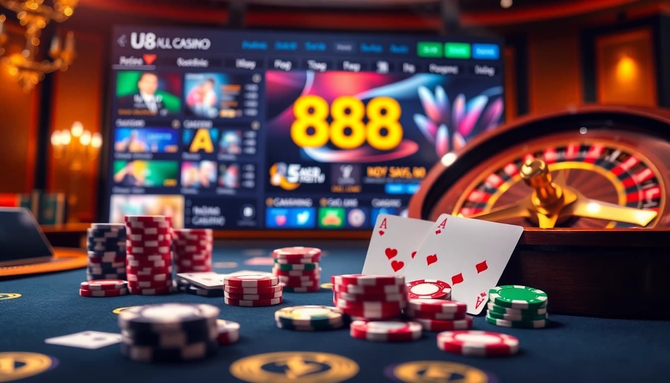 Experience the thrill of U 888 casino with vibrant poker chips and an elegant roulette wheel.