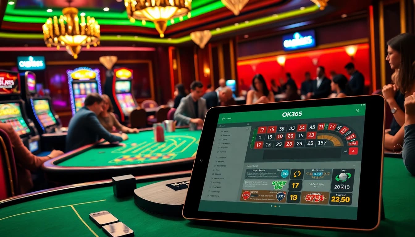 Players enjoying a luxurious casino experience at OK365, engaging with vibrant slot machines and intense poker tables.