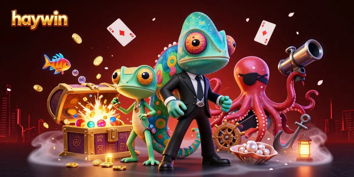 Experience thrilling gameplay with Haywin's exciting characters in a vibrant casino-themed 3D illustration.