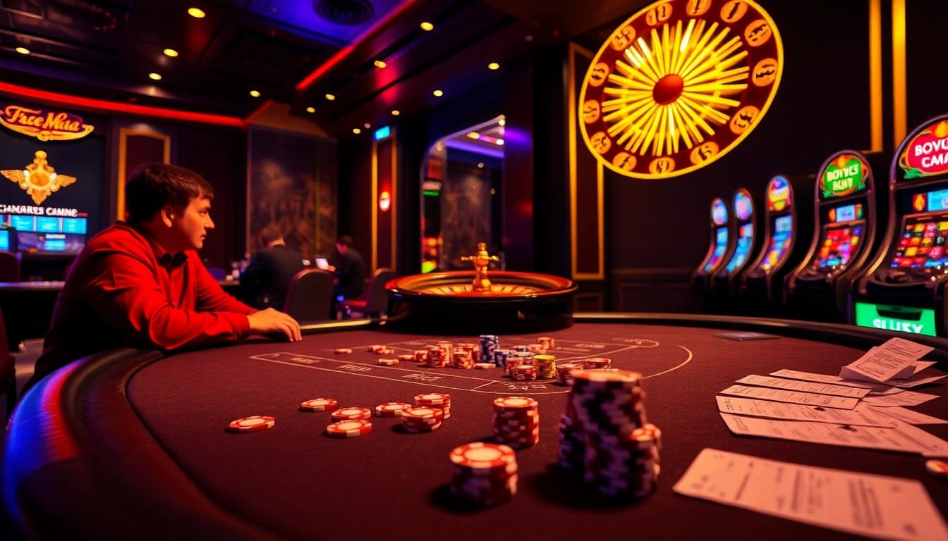 Experience thrilling gambling action with https://fly88seo.com/ featuring poker tables, chips, and roulette wheels.