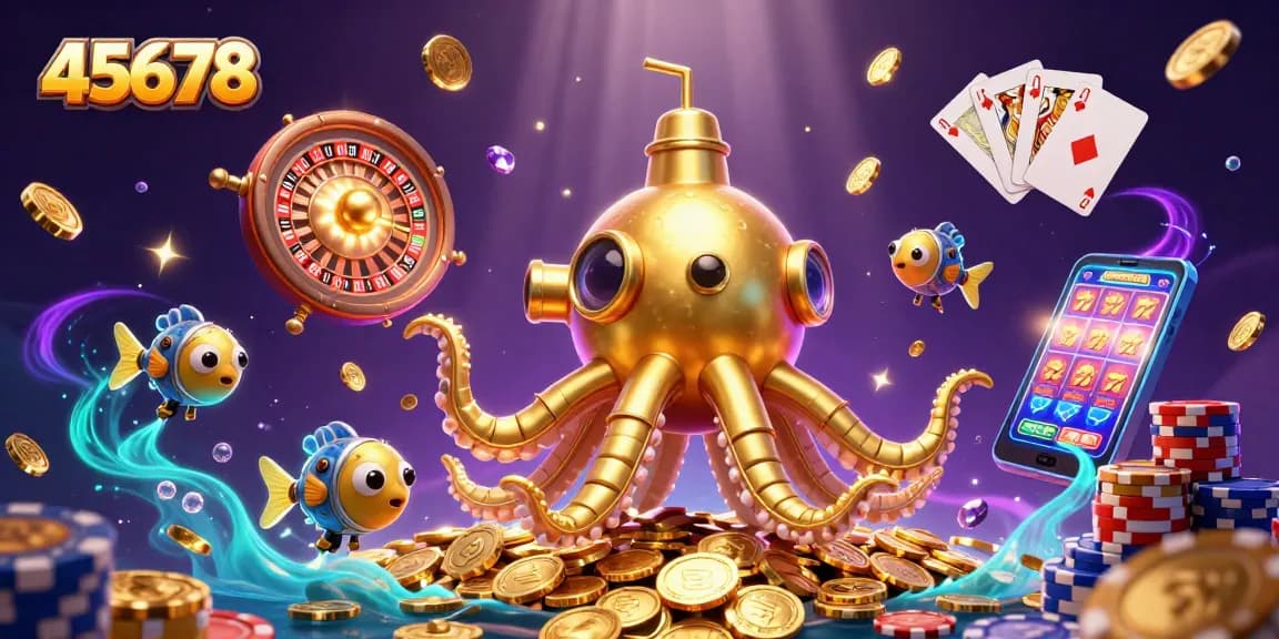 Engage with thrilling casino adventures at 45678 featuring a golden kraken submarine amidst a rich treasure ocean.