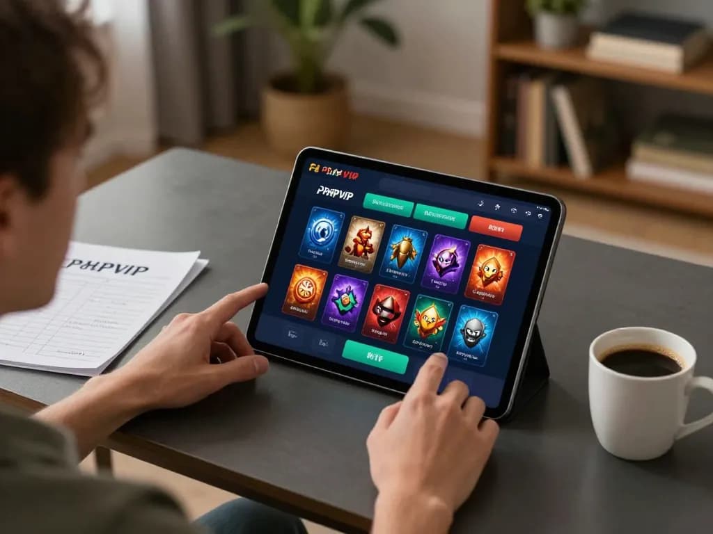 Person engaging with the PHPVIP casino app on a tablet, surrounded by a cozy gaming atmosphere.