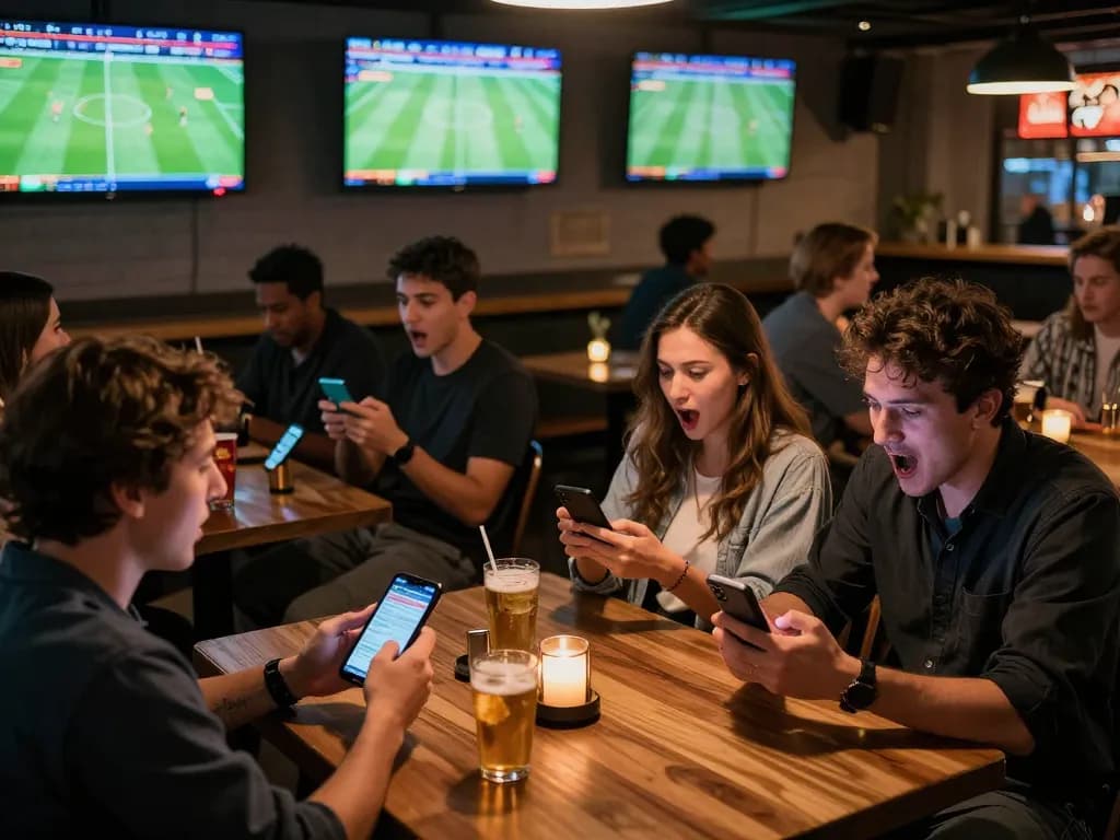 Kèo nhà cái hôm nay featured at a bustling sports bar with fans engaging in online betting on football matches.