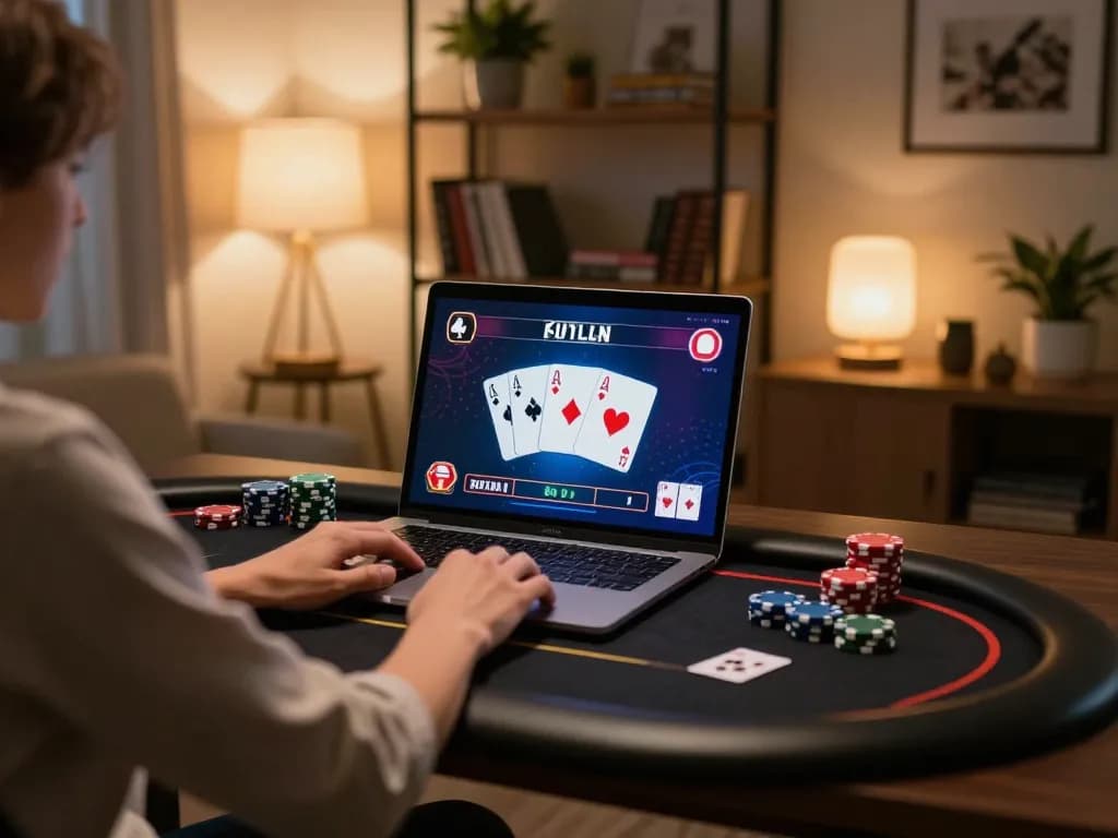 Player engaging with online poker on uu88.com, showcasing chips and cards in a cozy home setup