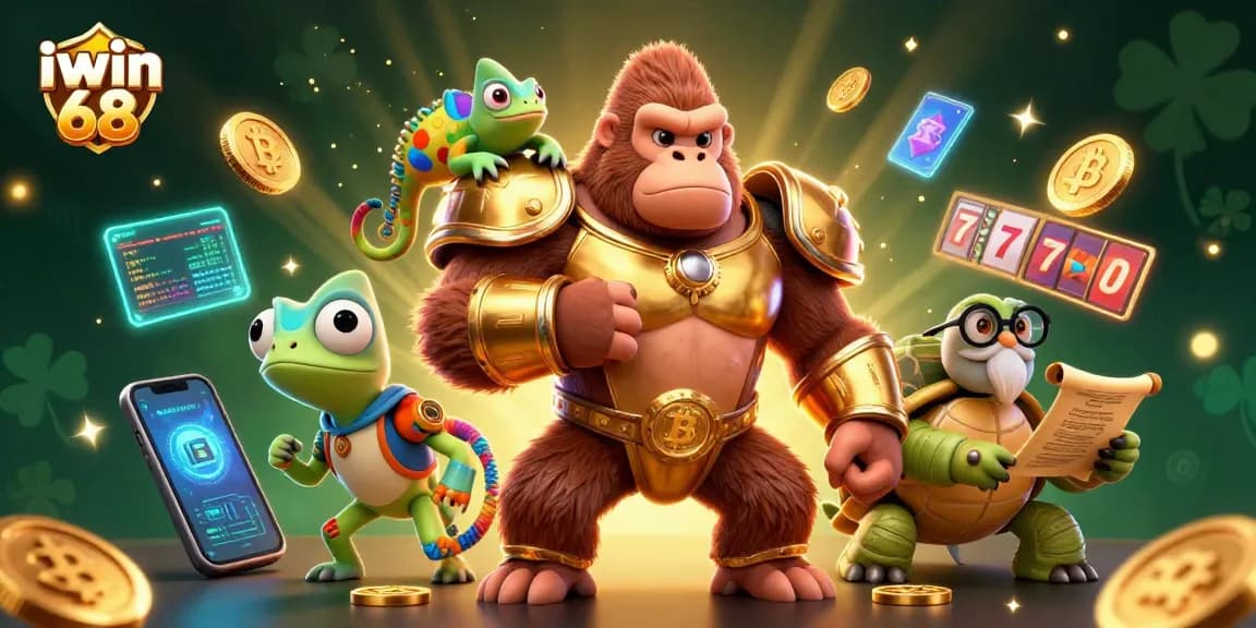 Iwin 68 features an epic online casino scene with a powerful gorilla, chameleon, and tortoise surrounded by vibrant slot reels and crypto elements.