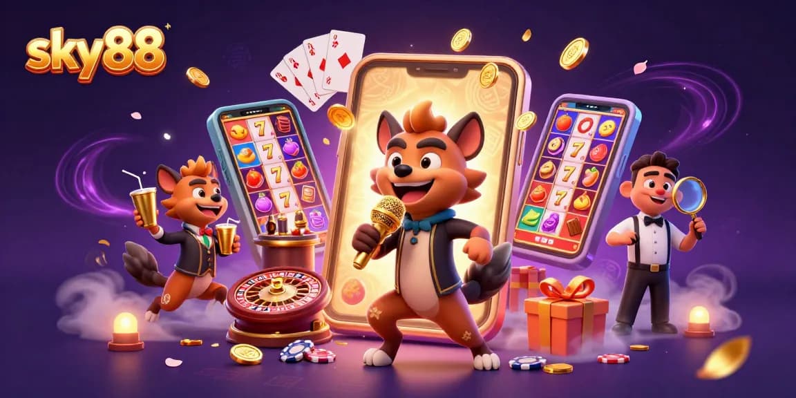 Enjoying the fun at sky88 casino with lively hyenas and vibrant gaming elements.