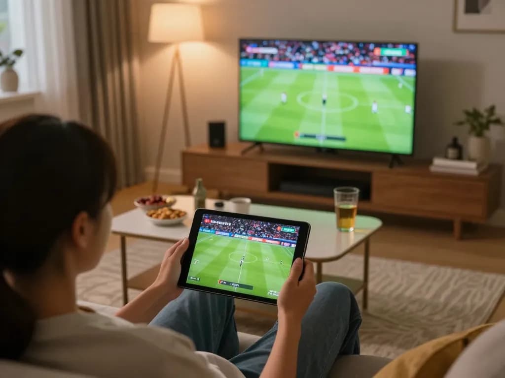 Watch trực tiếp bóng đá socolive on a tablet in a cozy home setting with snacks and drinks