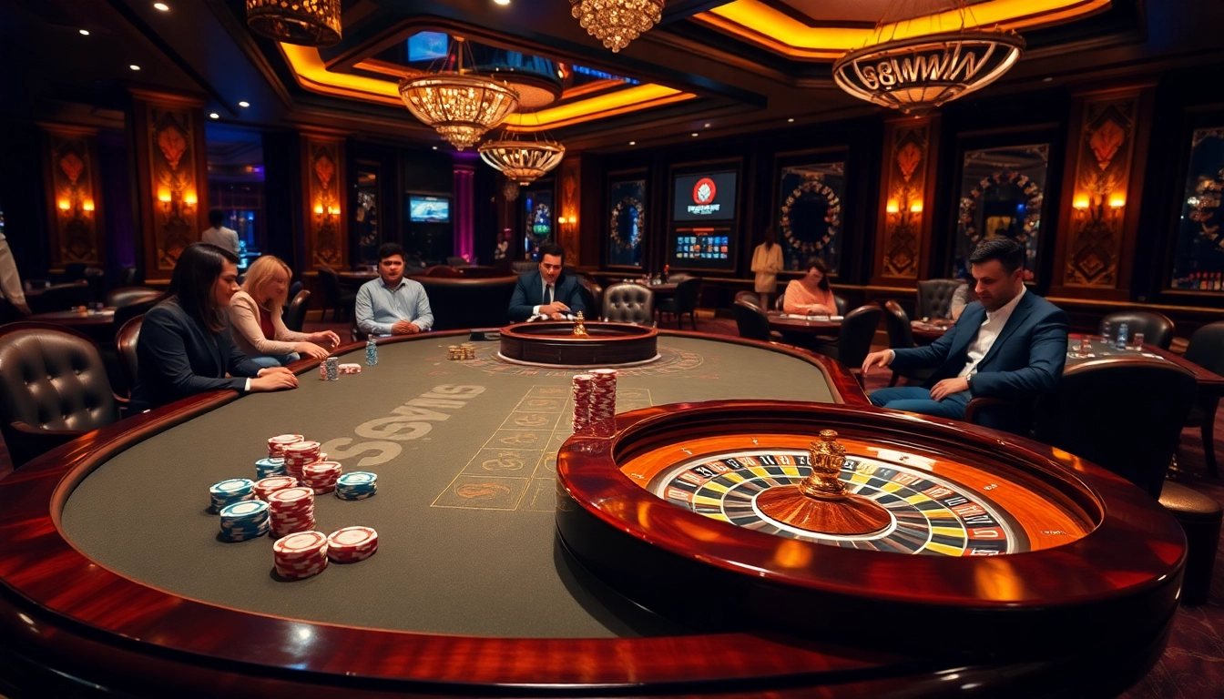 Players are engaged in high-stakes games at 98WIN casino tables, showcasing vibrant poker chips and a roulette wheel.
