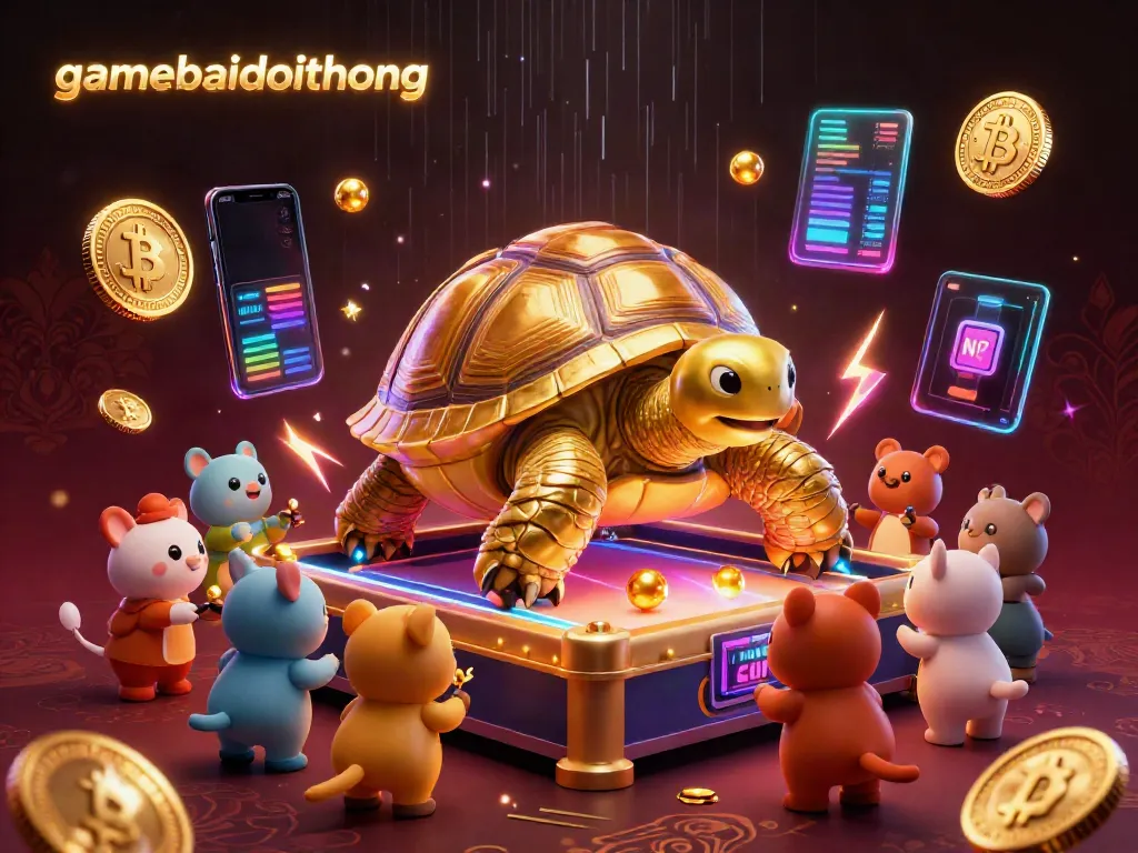 Engaging 3D scene showcasing gamebaidoithuong, featuring a giant tortoise pinball machine surrounded by crypto elements.