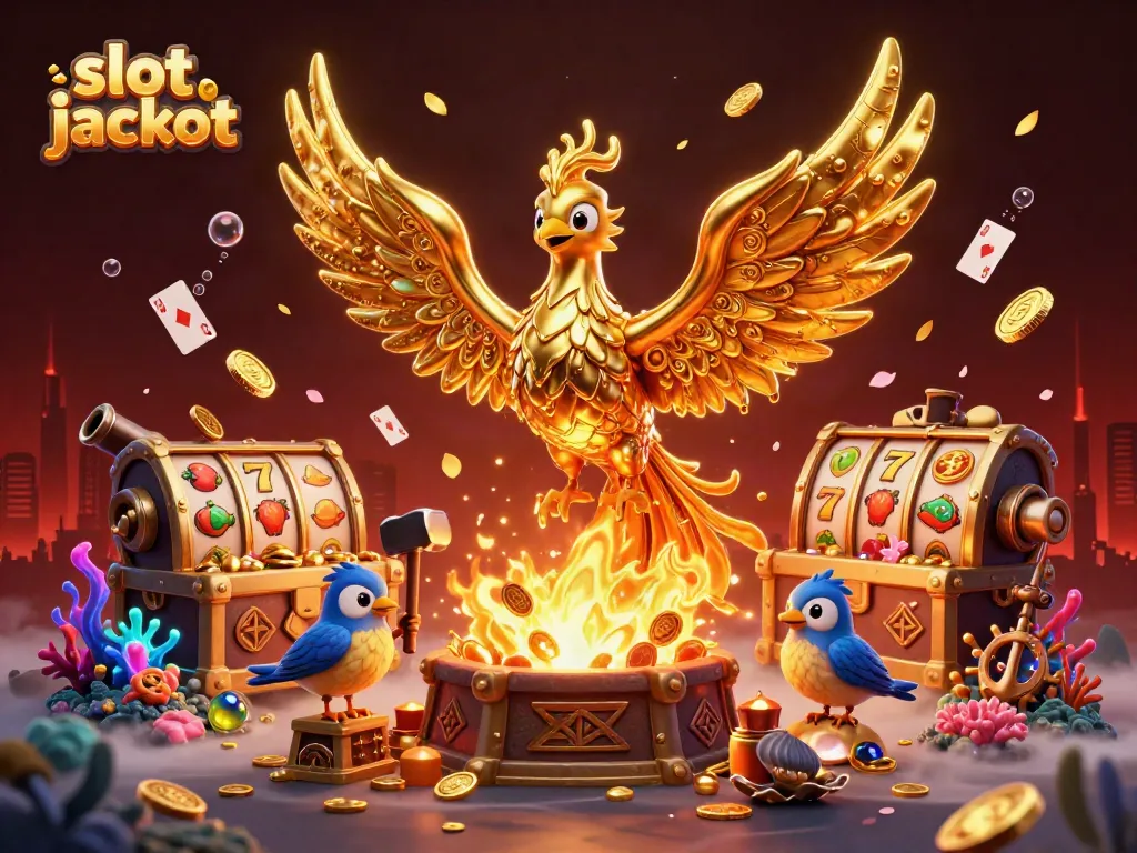 Experience a vibrant slot jackpot celebration with golden phoenix and dynamic gaming symbols.