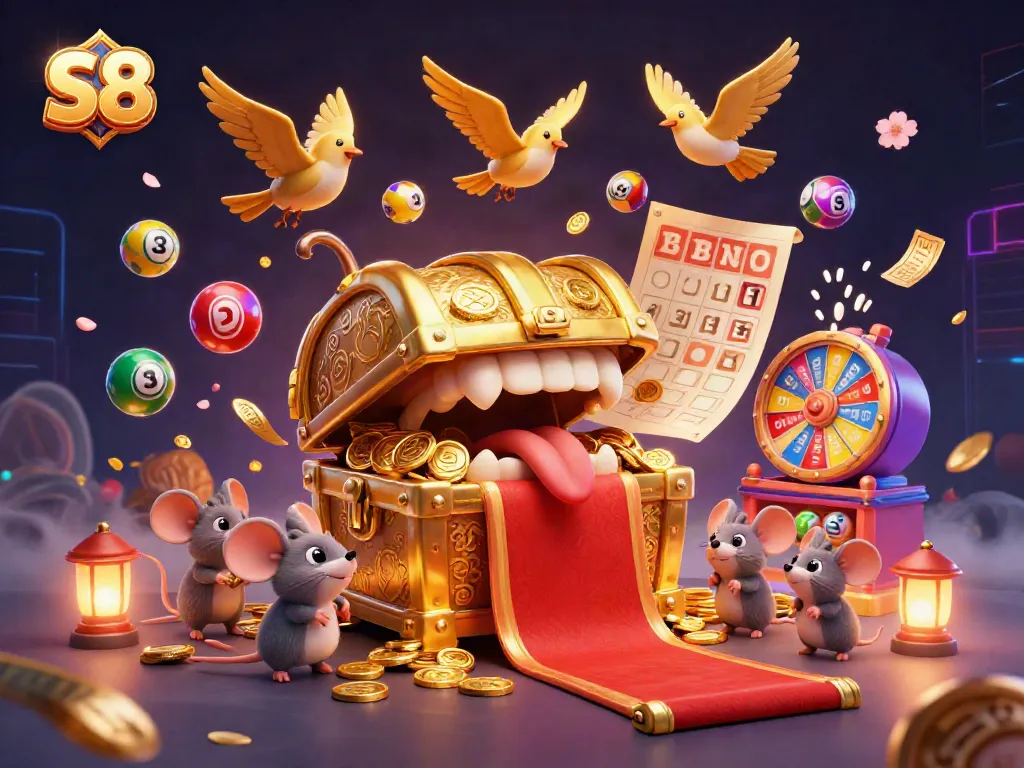 Experience exciting lottery action with S8's golden treasure chest and dynamic game elements.