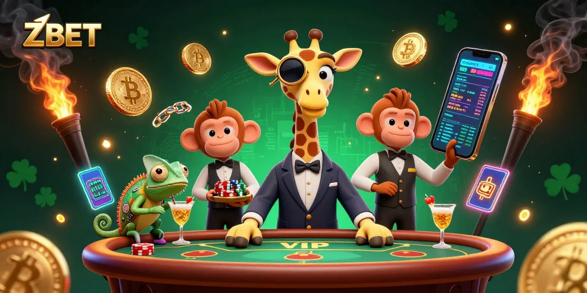 ZBET showcases a high-roller giraffe at a poker table surrounded by crypto elements and bright visuals.