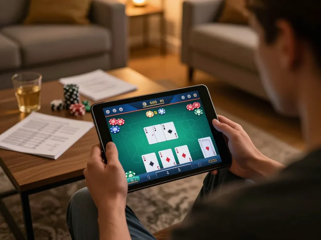 Engaging with the 566 online poker game on a tablet in a cozy living room environment.