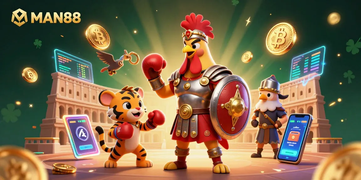 Experience the excitement of MAN88 gaming with our vibrant 3D illustration featuring iconic characters and crypto elements.