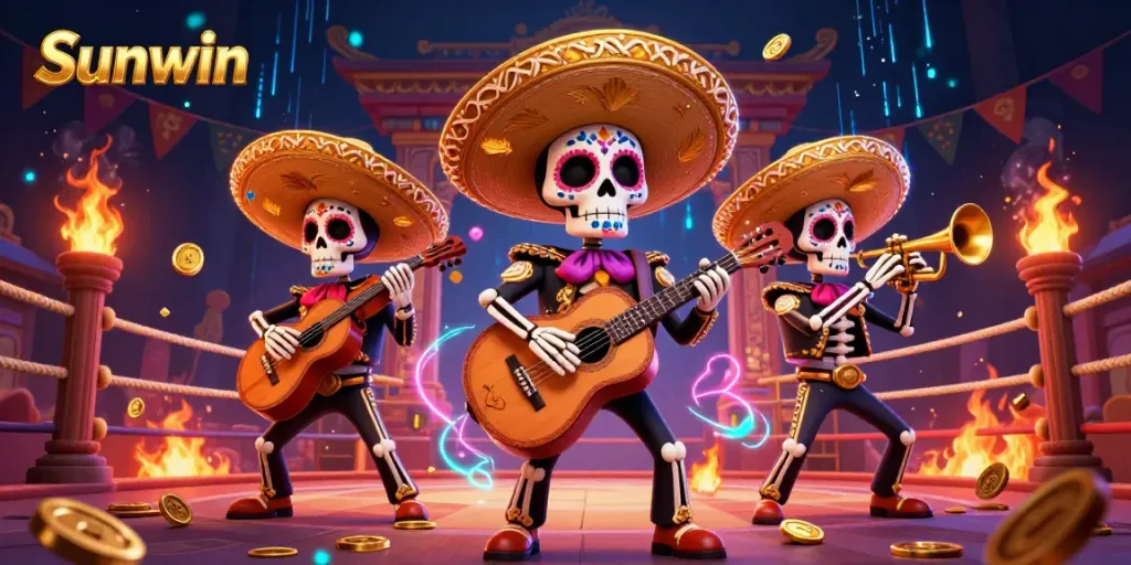 Experience Sunwin's vibrant 3D mariachi band in a thrilling casino scene filled with coins and fire.