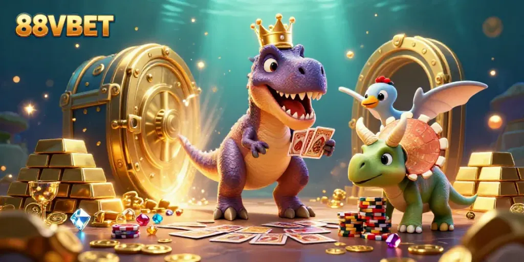 Engage with 88VBET in a thrilling 3D cartoon illustration showcasing vibrant casino characters and gold-rich elements.