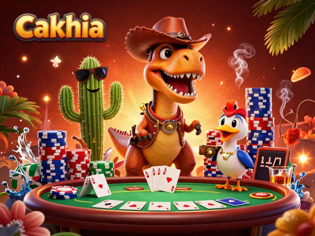 Engage with cakhia in an exciting poker scene featuring a cartoon T-Rex, cactus, and roadrunner.