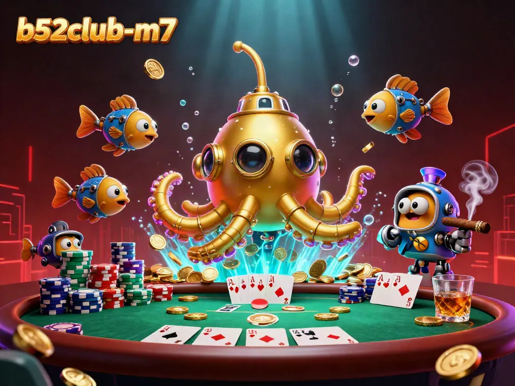 Experience excitement with b52club-m7 in a vivid casino-themed illustration of a kraken submarine.