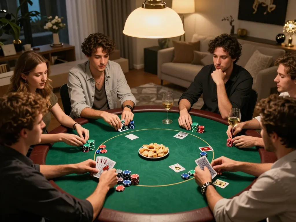 Friends enjoying strategic poker night with 9 bet chips at cozy home table.