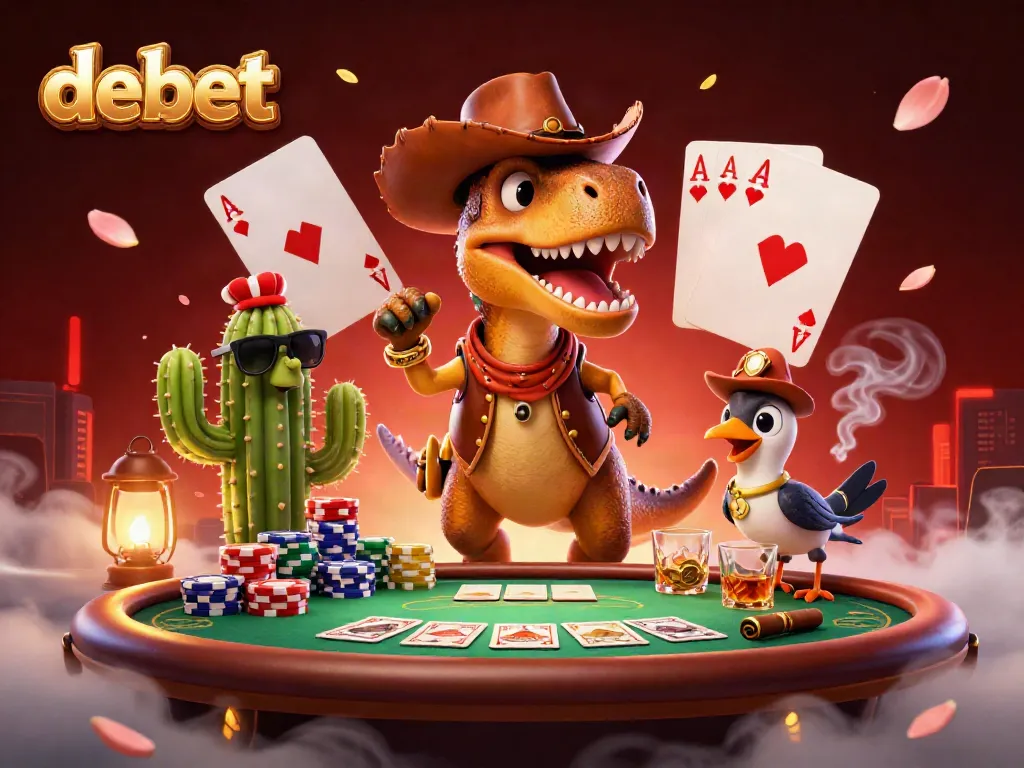 Join the thrilling poker action with debet, featuring cartoon dinosaur heroes and rich casino elements.