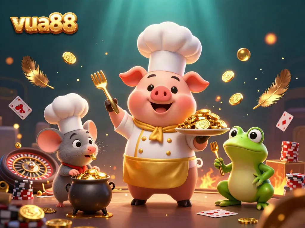 Engage in the golden thrills of vua88 with chef pig, mouse, and frog in a bustling casino scene.