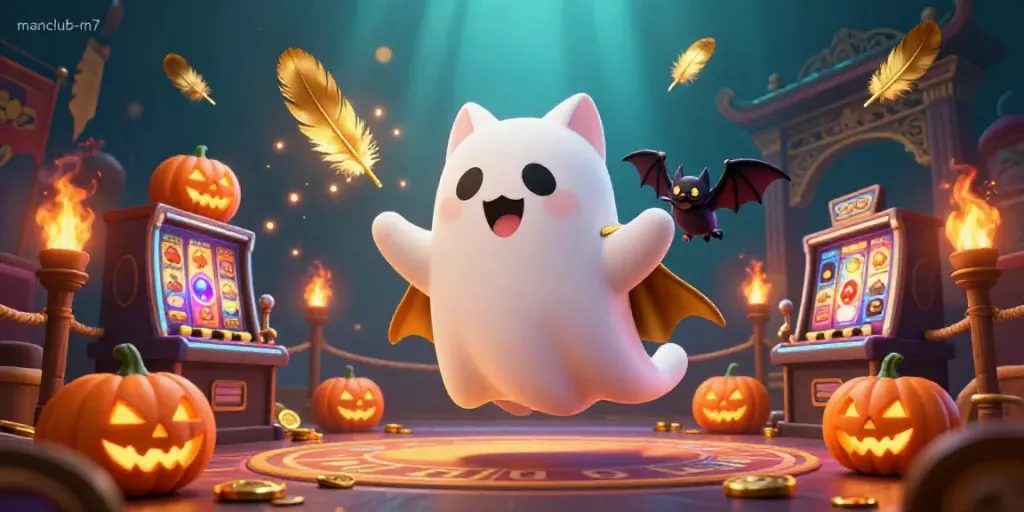 Engage with the thrilling atmosphere of manclub-m7 in a vibrant 3D casino scene filled with playful spooky characters and dynamic gaming elements.