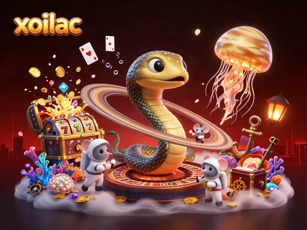 Xoilac's exciting casino world: gambling astronaut mice on a roulette wheel planet.