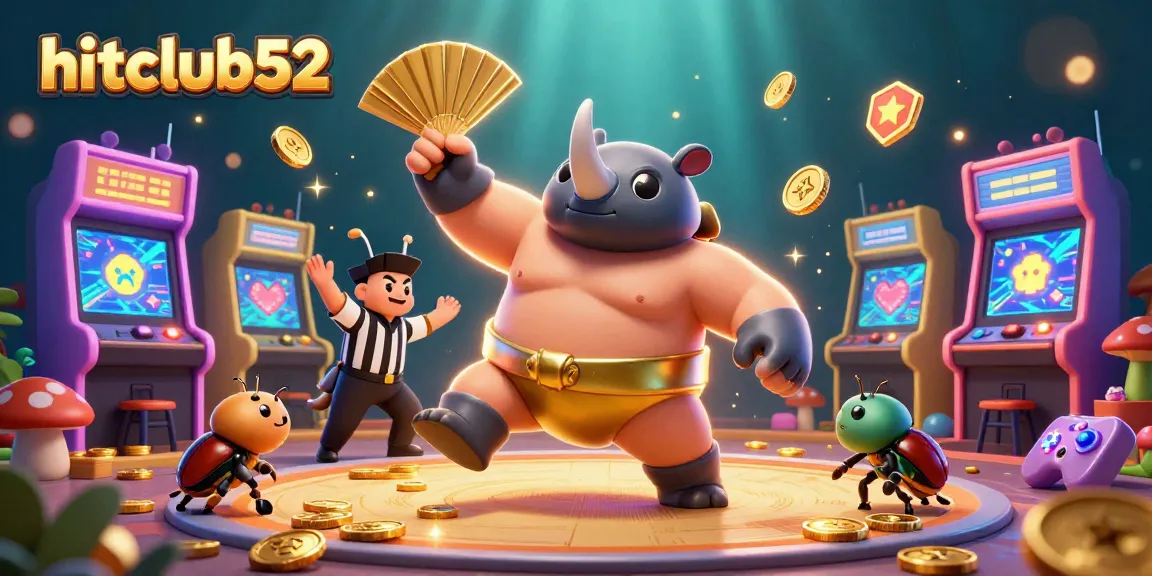 Hitclub52 showcases an energetic scene with a rhinoceros beetle sumo champion surrounded by casino elements and beetle spectators.