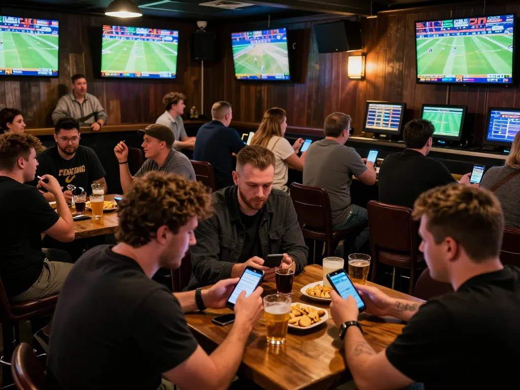 Engaged bettors enjoying thể thao 88vv at a lively sports bar with multiple screens.