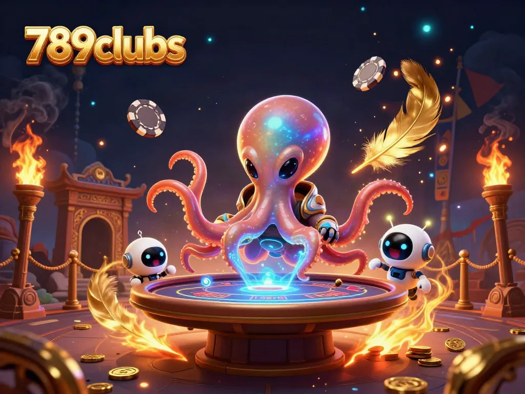 Experience thrilling gameplay at 789clubs with an alien octopus navigating a holographic poker table.