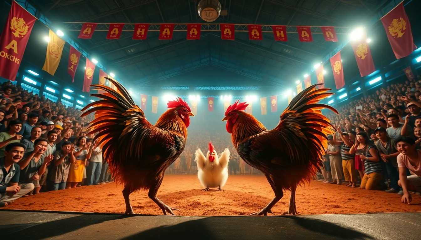 Experience dagatructiep 1 live with intense cockfighting action and excited spectators in a vibrant arena.