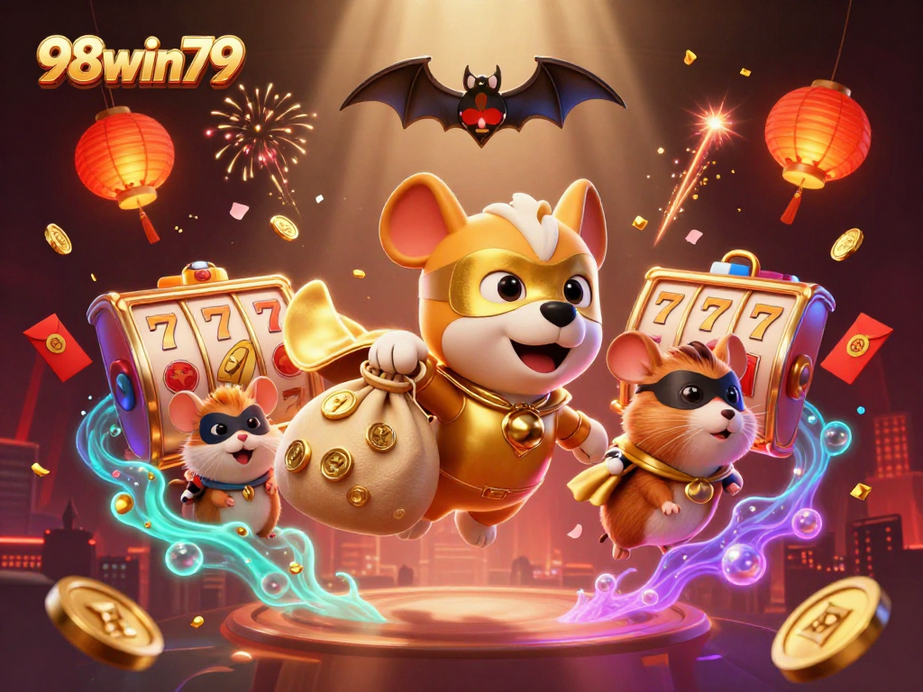 Experience thrilling gaming with 98win79 as the superhero duo navigates a vibrant casino world.