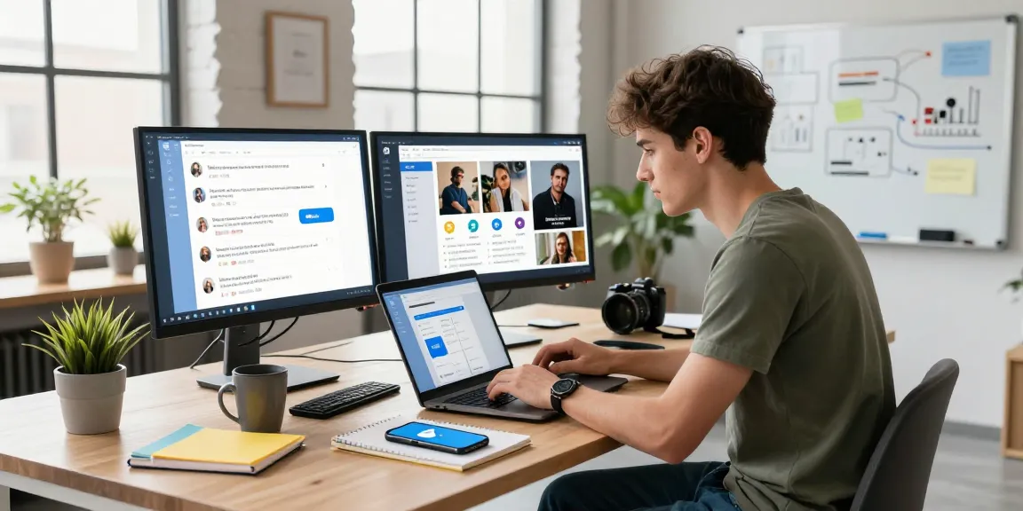 Download Telegram on a stylish workspace with a user engaging on multiple devices, highlighting productivity and security.