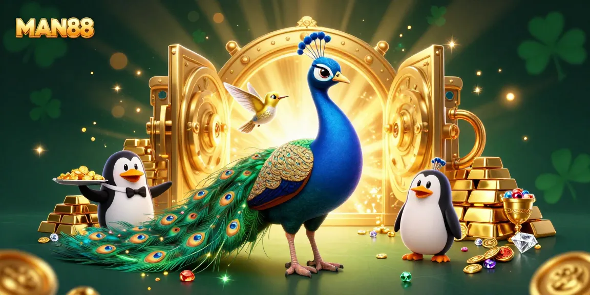 Experience the thrilling excitement of MAN88 with a vibrant casino-themed illustration featuring a peacock and penguin.