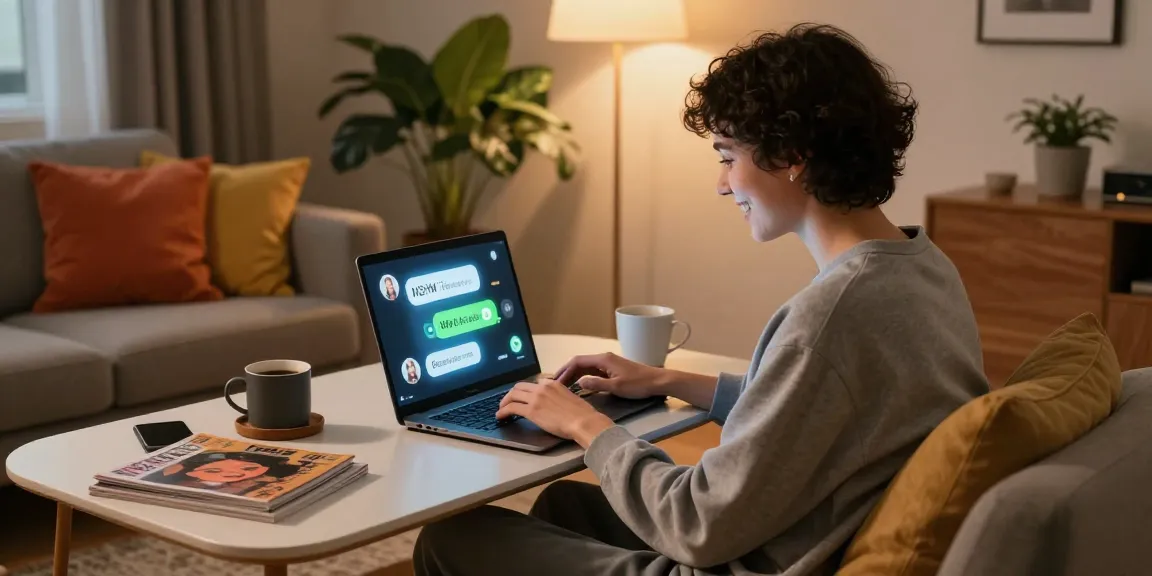Engaged user chatting with an NSFW chat bot in a cozy home workspace, relaxed atmosphere with warm lighting.