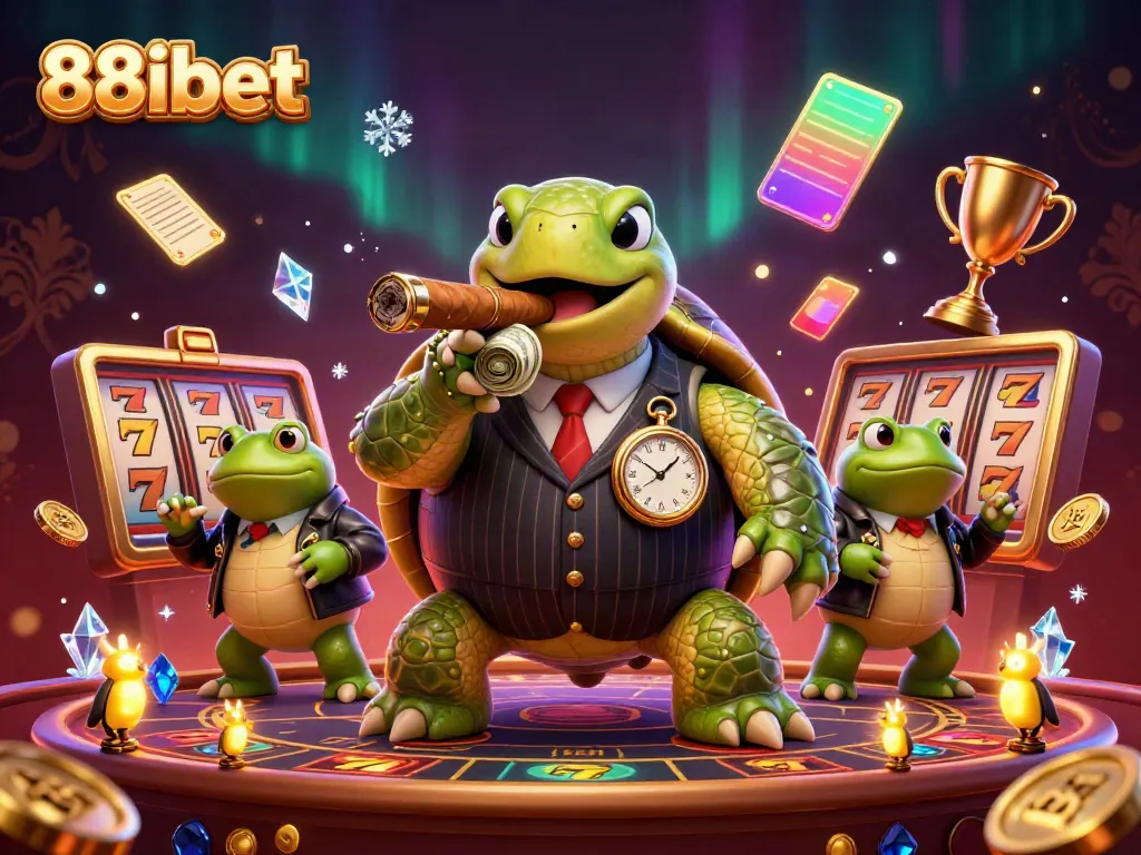 Feel the thrill of gaming with 88ibet's dynamic slot experience illustrated by a cartoon turtle in a mobster suit.